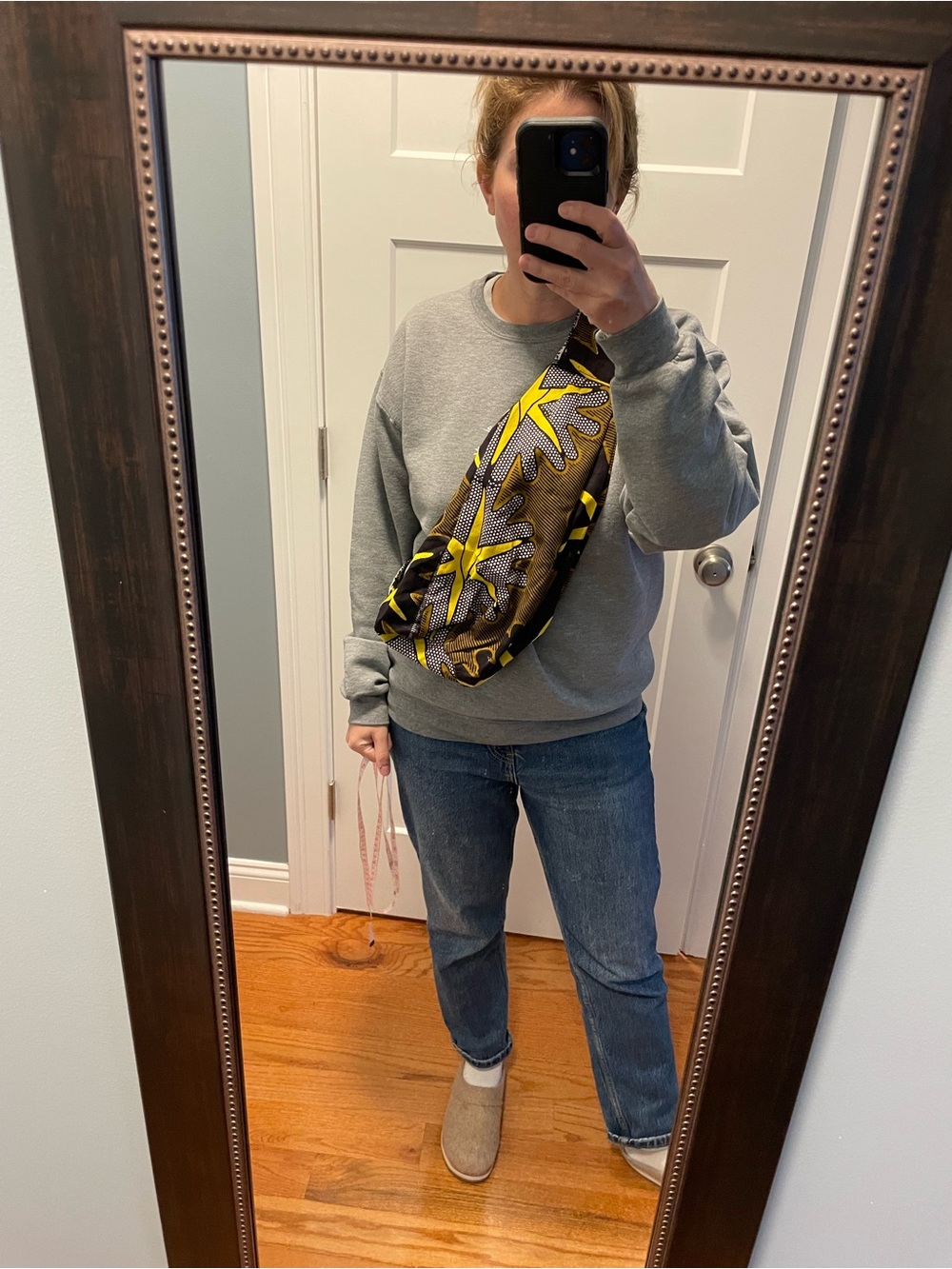 African Print Handmade Crossbody Sling Bag XL Fanny Pack Yellow Black Cotton